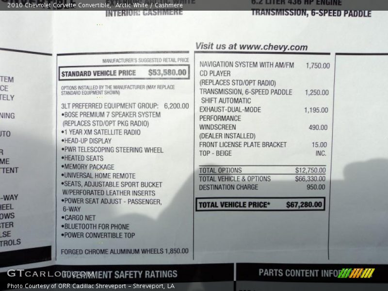  2010 Corvette Convertible Window Sticker