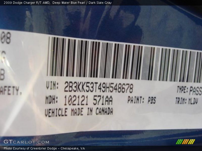 Deep Water Blue Pearl / Dark Slate Gray 2009 Dodge Charger R/T AWD