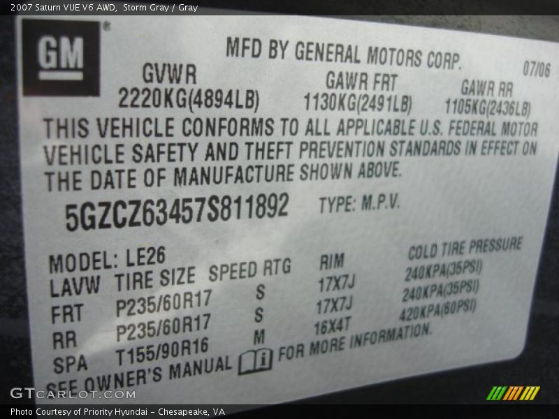 Storm Gray / Gray 2007 Saturn VUE V6 AWD