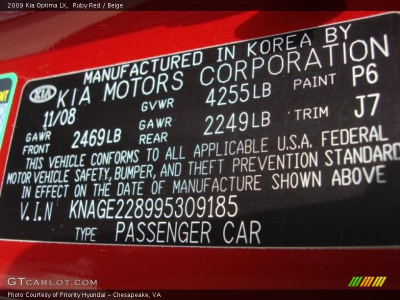 Ruby Red / Beige 2009 Kia Optima LX