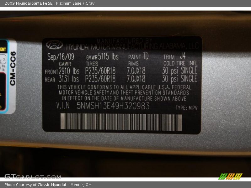 Platinum Sage / Gray 2009 Hyundai Santa Fe SE