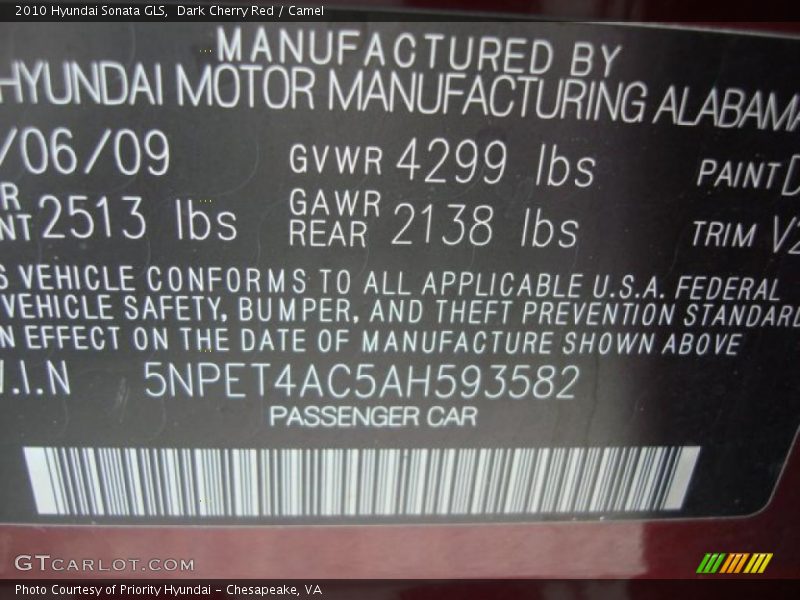 Dark Cherry Red / Camel 2010 Hyundai Sonata GLS