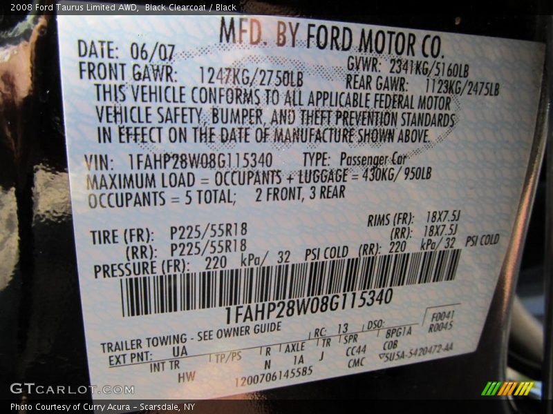 Black Clearcoat / Black 2008 Ford Taurus Limited AWD