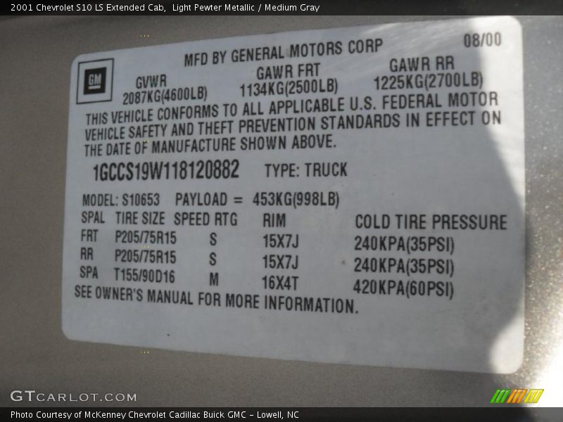 Light Pewter Metallic / Medium Gray 2001 Chevrolet S10 LS Extended Cab
