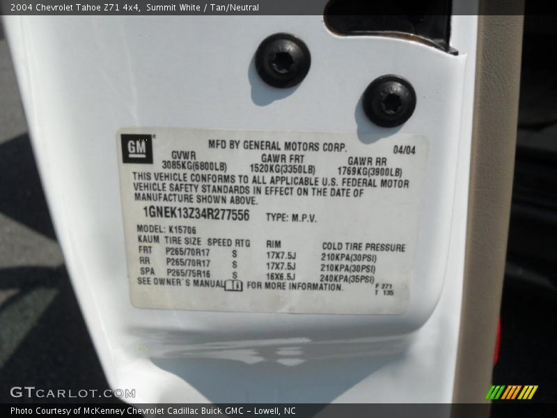 Summit White / Tan/Neutral 2004 Chevrolet Tahoe Z71 4x4
