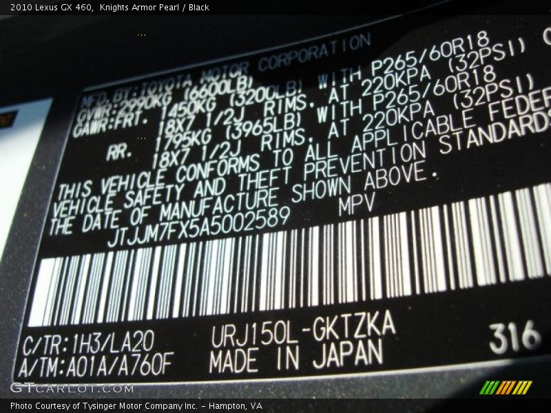 Knights Armor Pearl / Black 2010 Lexus GX 460