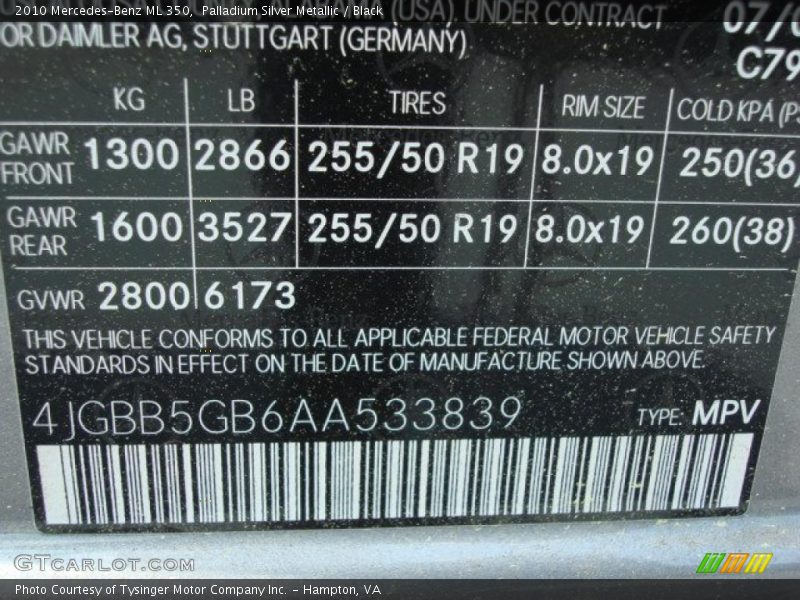 Palladium Silver Metallic / Black 2010 Mercedes-Benz ML 350