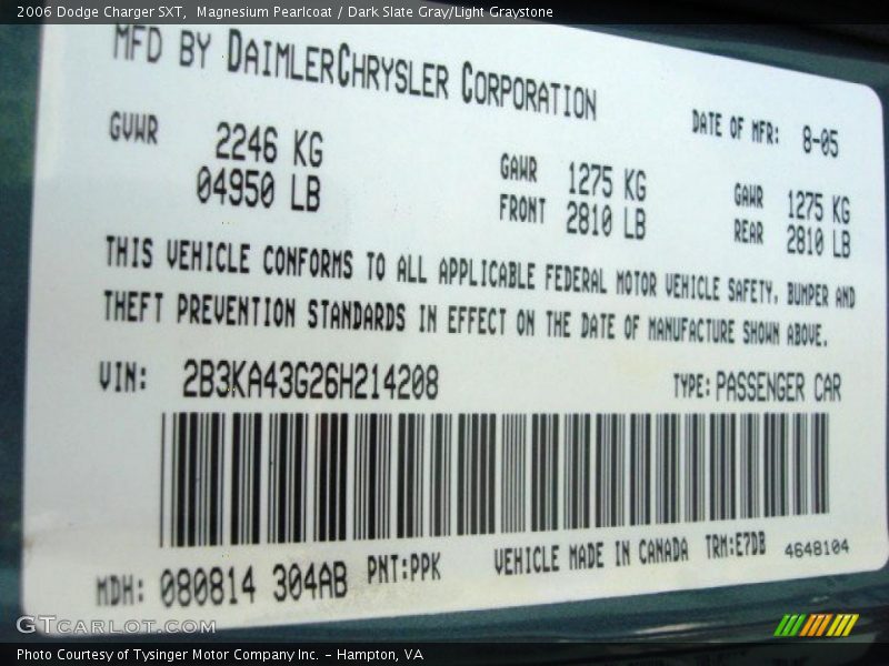 Magnesium Pearlcoat / Dark Slate Gray/Light Graystone 2006 Dodge Charger SXT