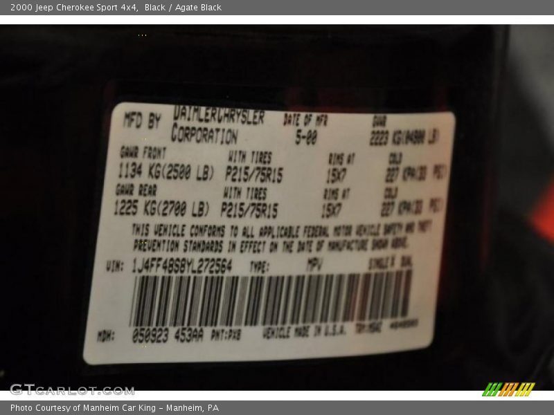 Black / Agate Black 2000 Jeep Cherokee Sport 4x4