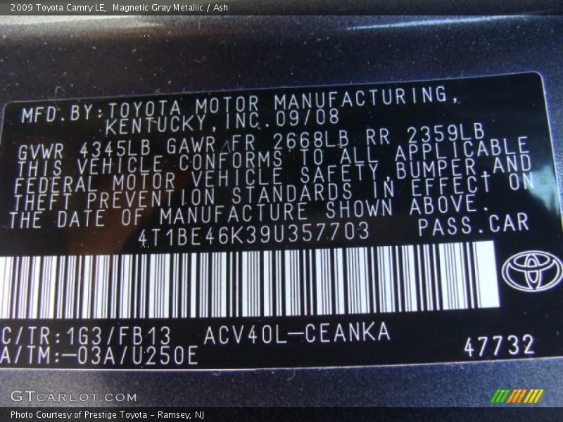 Magnetic Gray Metallic / Ash 2009 Toyota Camry LE