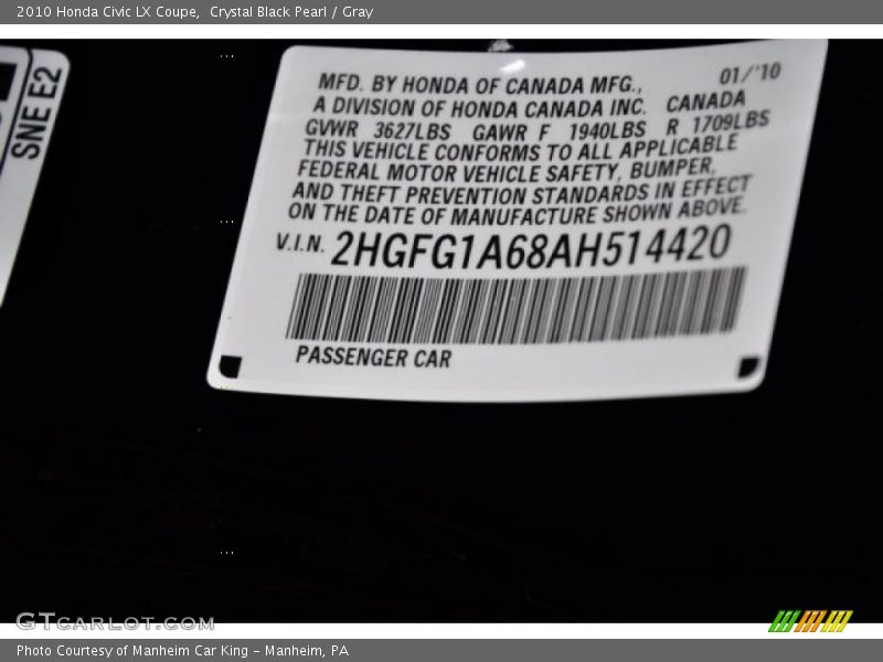 Crystal Black Pearl / Gray 2010 Honda Civic LX Coupe