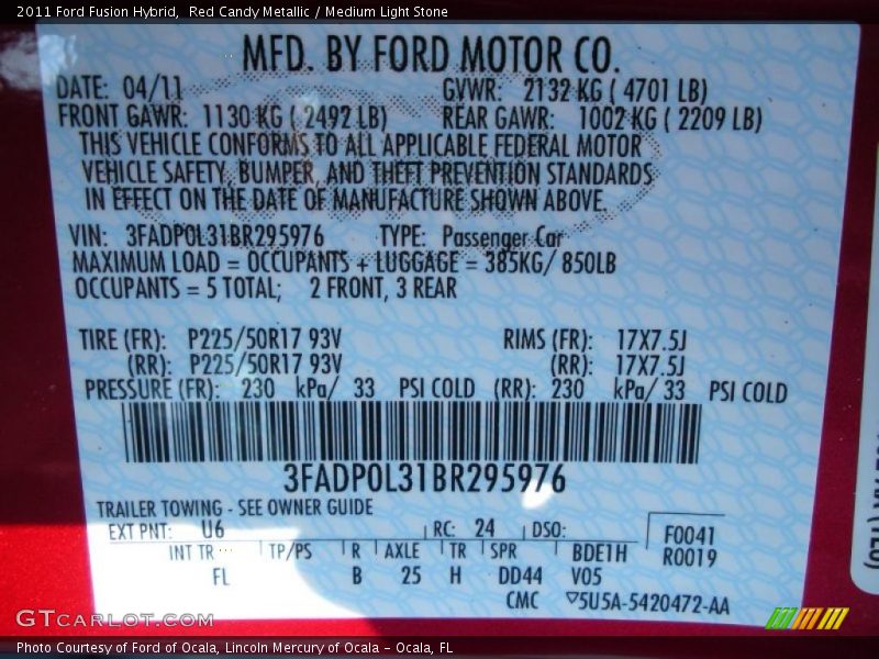 2011 Fusion Hybrid Red Candy Metallic Color Code U6