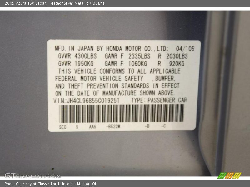 2005 TSX Sedan Meteor Silver Metallic Color Code B522M