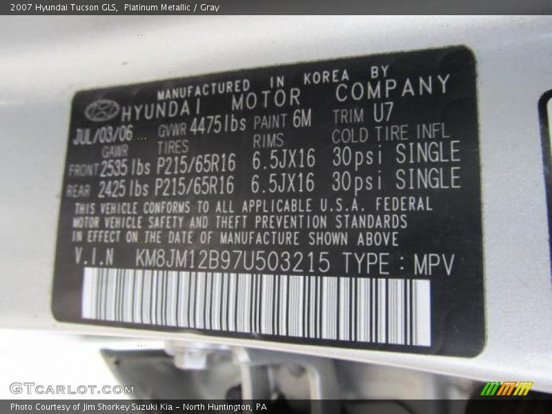 Platinum Metallic / Gray 2007 Hyundai Tucson GLS