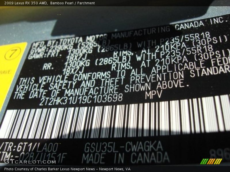Bamboo Pearl / Parchment 2009 Lexus RX 350 AWD
