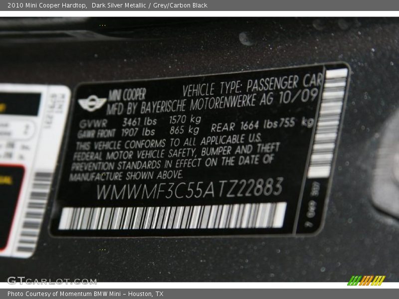 Dark Silver Metallic / Grey/Carbon Black 2010 Mini Cooper Hardtop