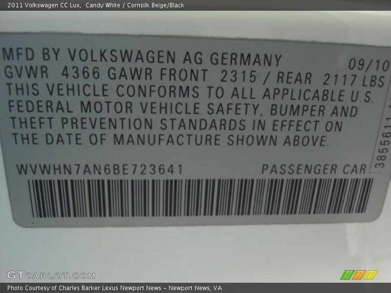 Candy White / Cornsilk Beige/Black 2011 Volkswagen CC Lux