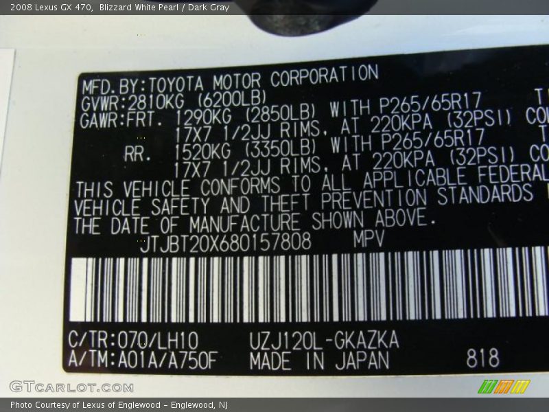 Blizzard White Pearl / Dark Gray 2008 Lexus GX 470