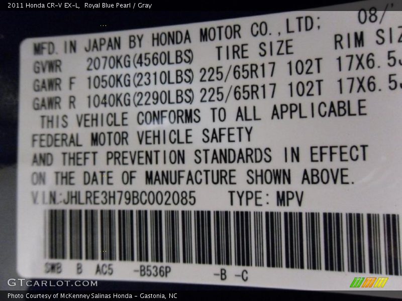Royal Blue Pearl / Gray 2011 Honda CR-V EX-L