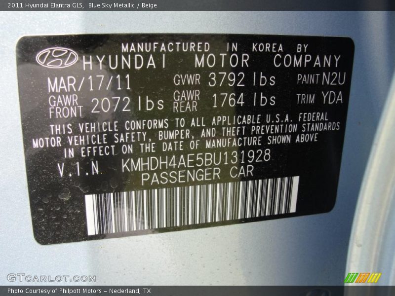 2011 Elantra GLS Blue Sky Metallic Color Code N2U