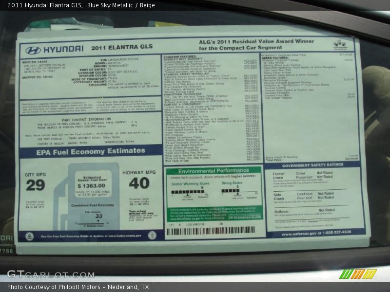  2011 Elantra GLS Window Sticker