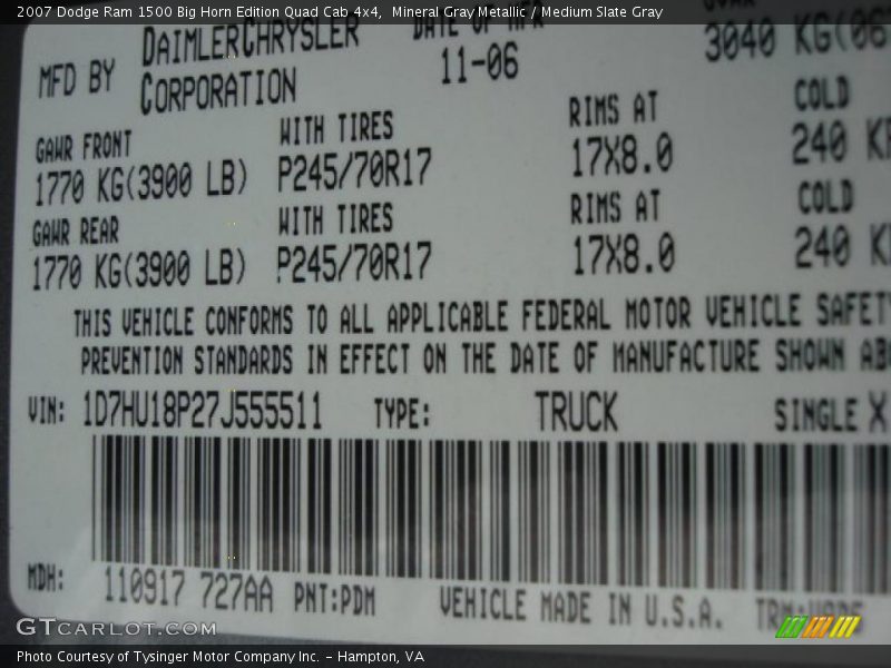 Mineral Gray Metallic / Medium Slate Gray 2007 Dodge Ram 1500 Big Horn Edition Quad Cab 4x4