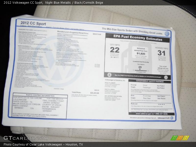 Night Blue Metallic / Black/Cornsilk Beige 2012 Volkswagen CC Sport