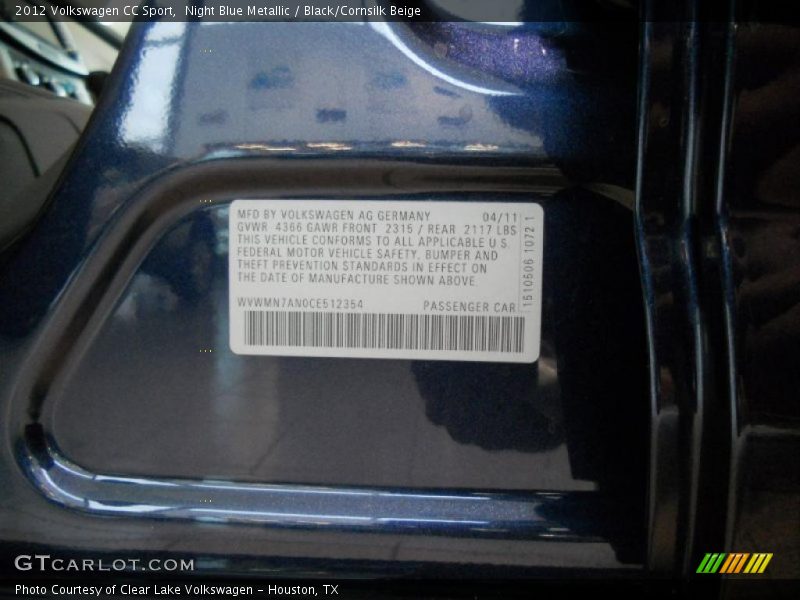 Night Blue Metallic / Black/Cornsilk Beige 2012 Volkswagen CC Sport