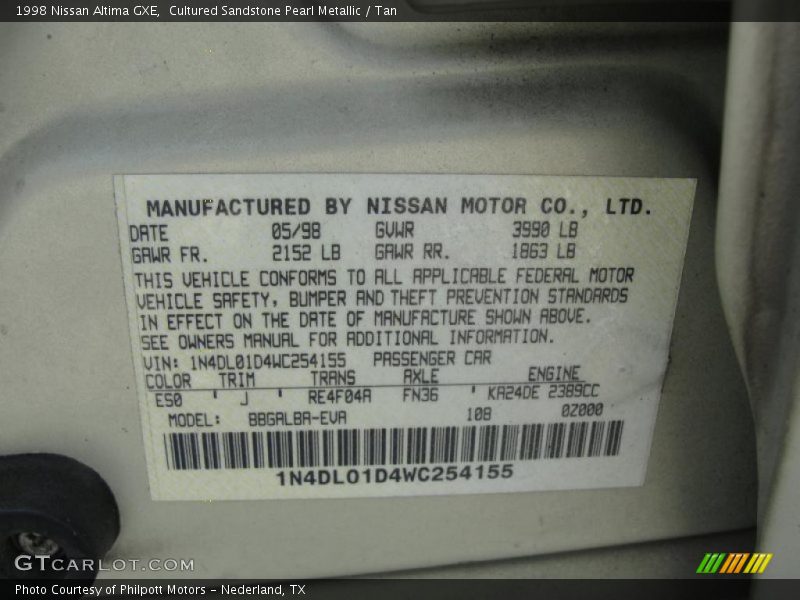 Cultured Sandstone Pearl Metallic / Tan 1998 Nissan Altima GXE