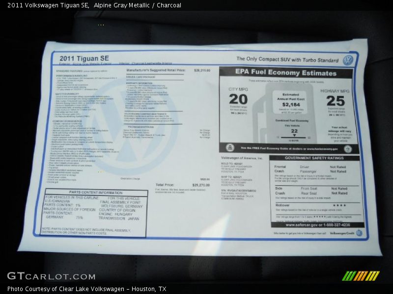 Alpine Gray Metallic / Charcoal 2011 Volkswagen Tiguan SE
