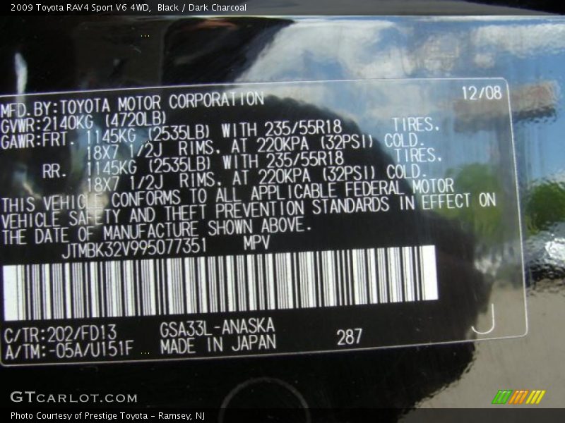 Black / Dark Charcoal 2009 Toyota RAV4 Sport V6 4WD