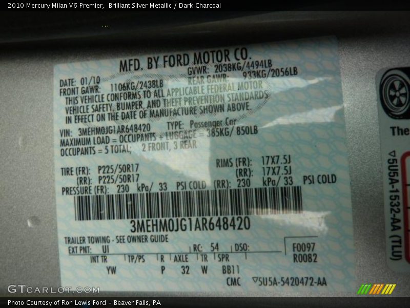Brilliant Silver Metallic / Dark Charcoal 2010 Mercury Milan V6 Premier