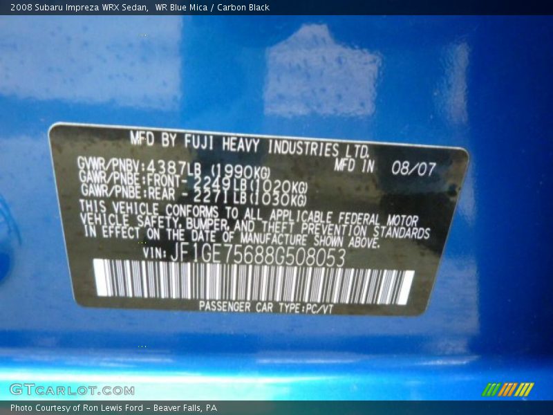 Info Tag of 2008 Impreza WRX Sedan