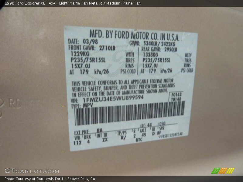 1998 Explorer XLT 4x4 Light Prairie Tan Metallic Color Code BA