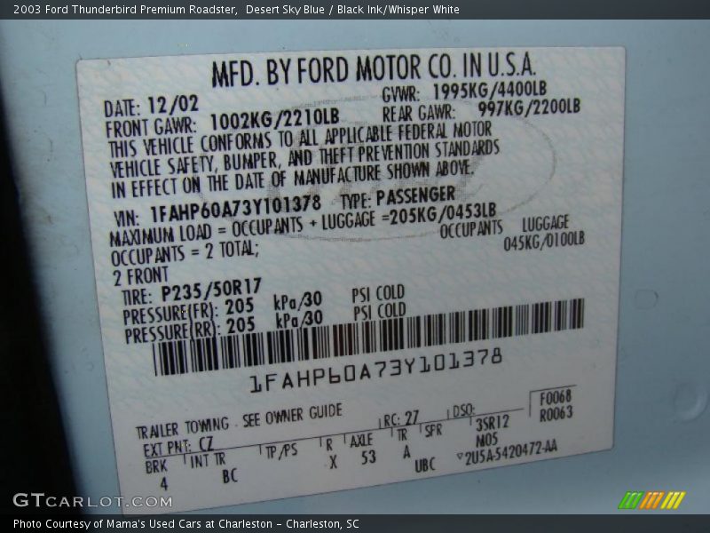 2003 Thunderbird Premium Roadster Desert Sky Blue Color Code CZ