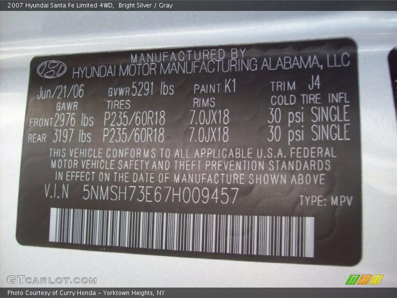 Bright Silver / Gray 2007 Hyundai Santa Fe Limited 4WD