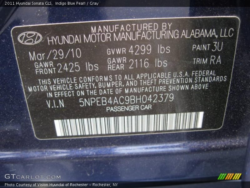 Indigo Blue Pearl / Gray 2011 Hyundai Sonata GLS