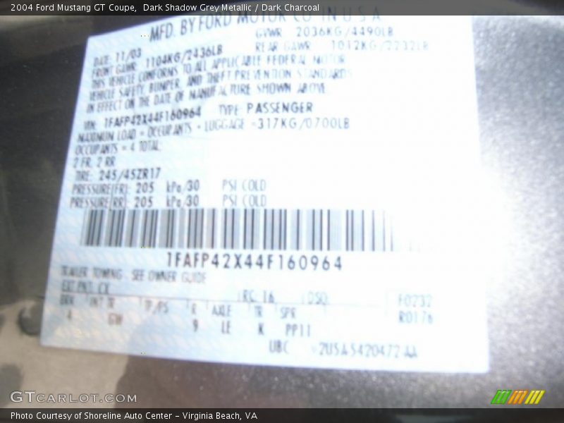 Dark Shadow Grey Metallic / Dark Charcoal 2004 Ford Mustang GT Coupe