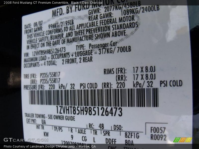 2008 Mustang GT Premium Convertible Black Color Code UA