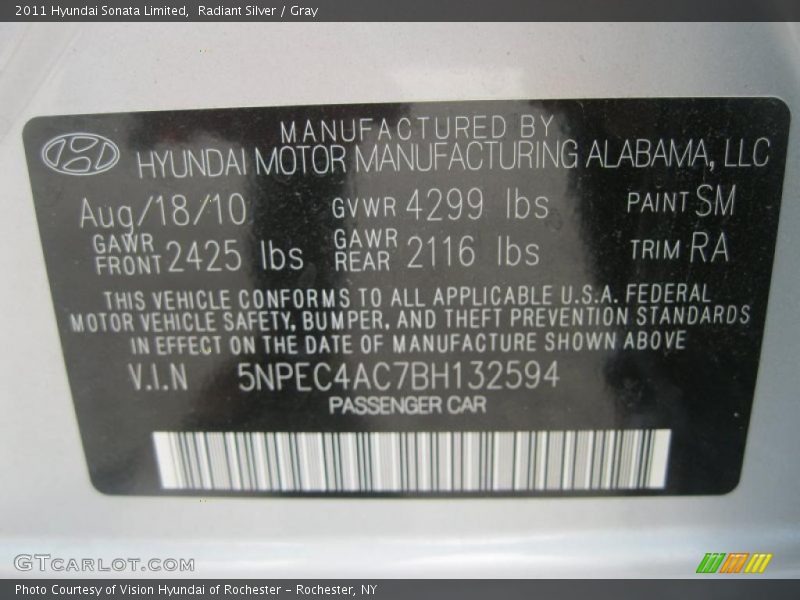 Radiant Silver / Gray 2011 Hyundai Sonata Limited