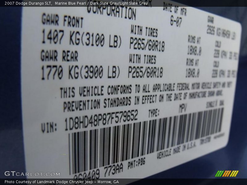 Marine Blue Pearl / Dark Slate Gray/Light Slate Gray 2007 Dodge Durango SLT