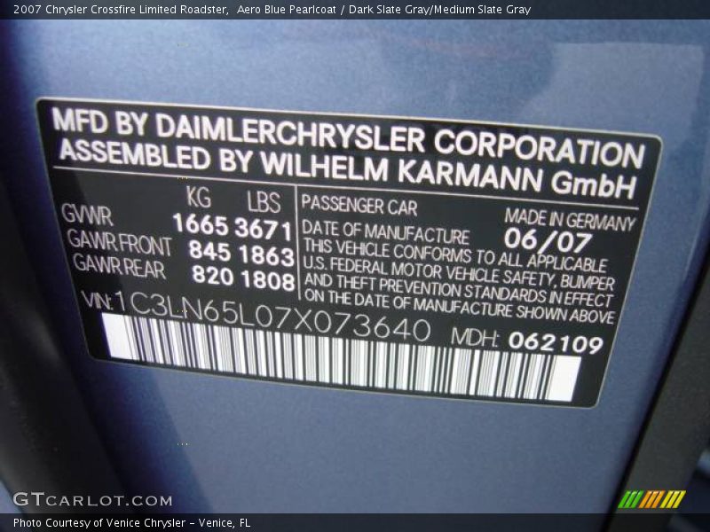 Aero Blue Pearlcoat / Dark Slate Gray/Medium Slate Gray 2007 Chrysler Crossfire Limited Roadster