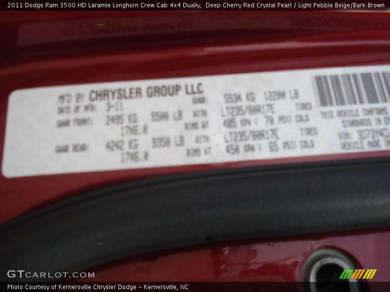 Deep Cherry Red Crystal Pearl / Light Pebble Beige/Bark Brown 2011 Dodge Ram 3500 HD Laramie Longhorn Crew Cab 4x4 Dually