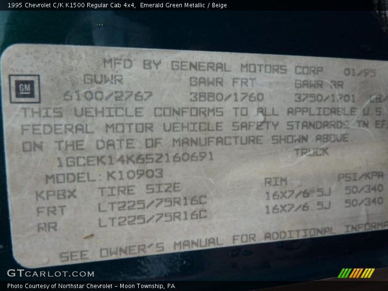 Info Tag of 1995 C/K K1500 Regular Cab 4x4
