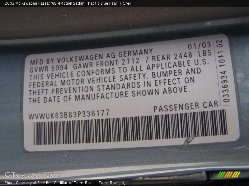 Pacific Blue Pearl / Grey 2003 Volkswagen Passat W8 4Motion Sedan