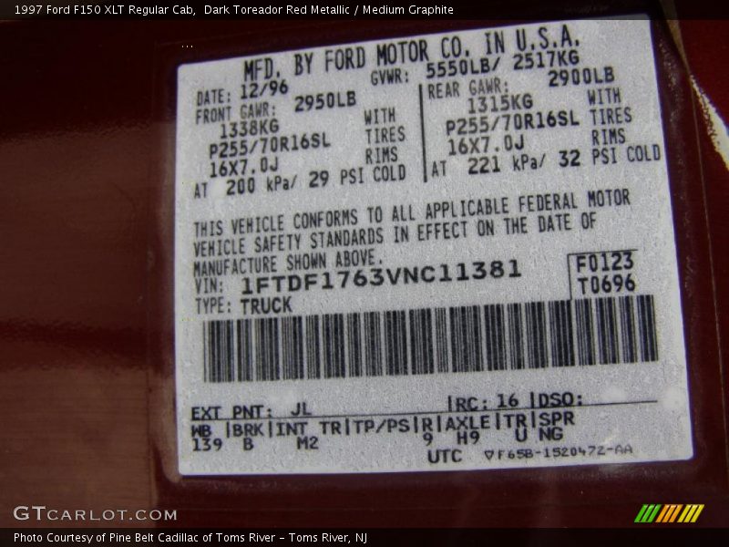 1997 F150 XLT Regular Cab Dark Toreador Red Metallic Color Code JL