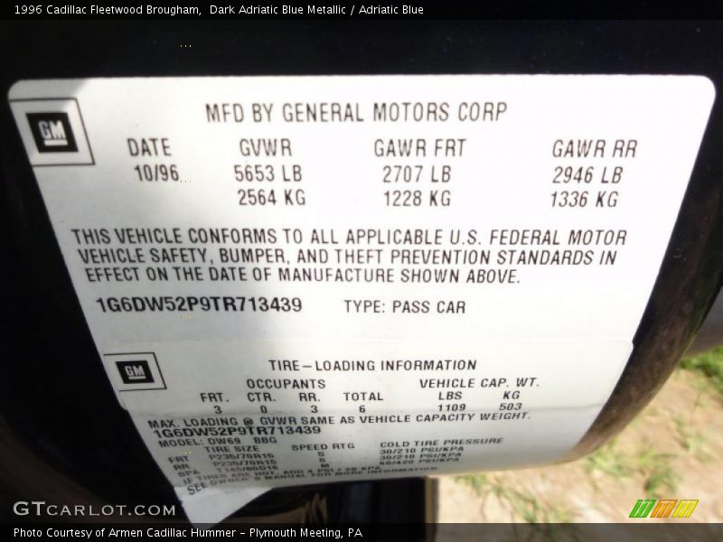 Info Tag of 1996 Fleetwood Brougham