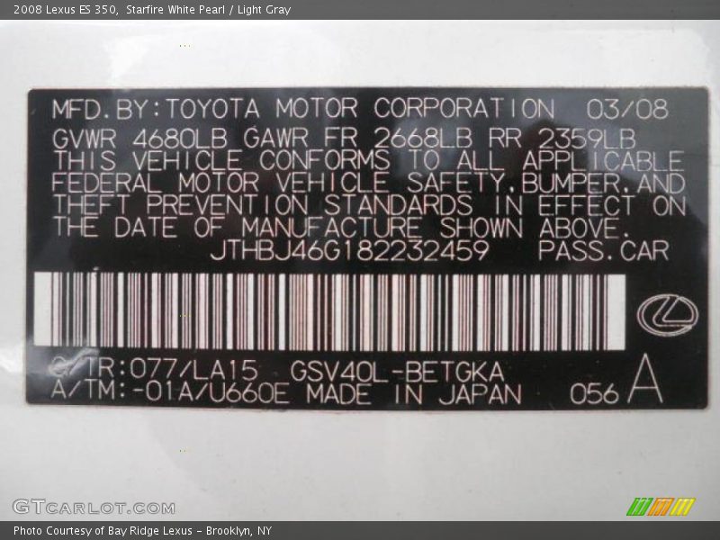 Starfire White Pearl / Light Gray 2008 Lexus ES 350