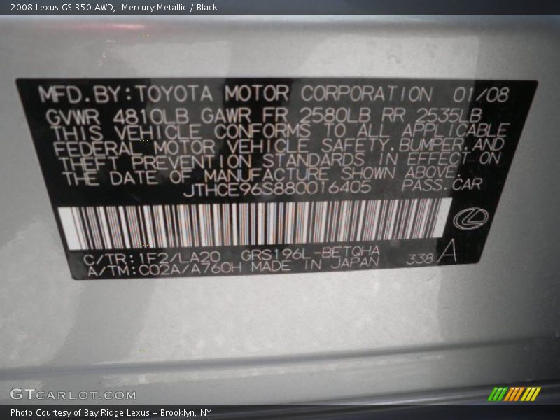 Mercury Metallic / Black 2008 Lexus GS 350 AWD