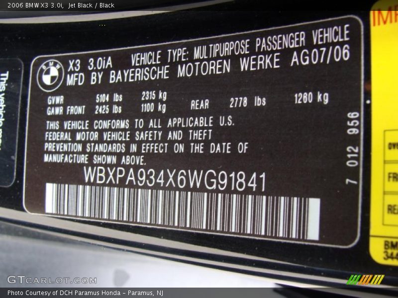 Jet Black / Black 2006 BMW X3 3.0i